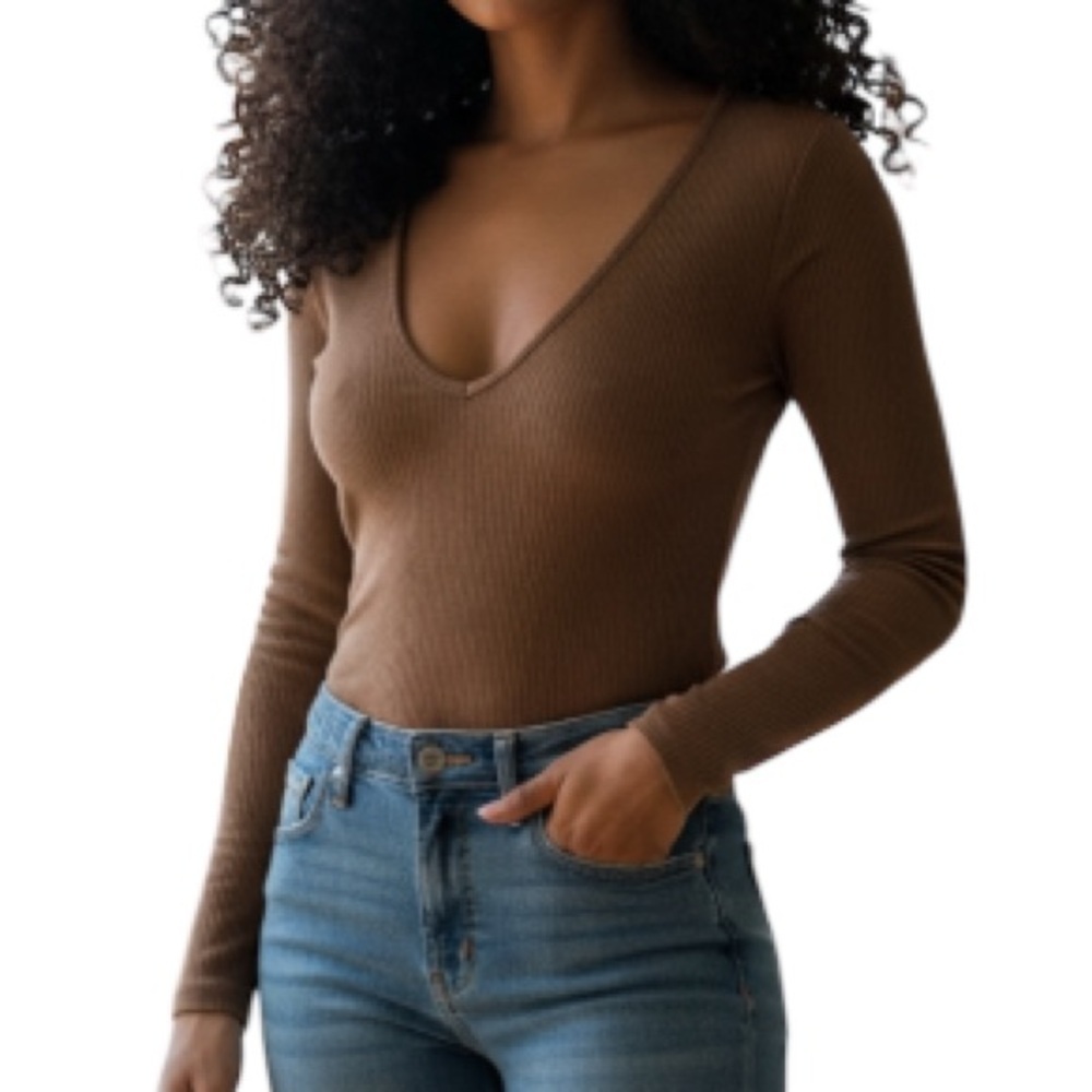 Retrod Ribbed V-Neck Latte Brown Bodysuit Long Sleeve Nylon Stretch M/L